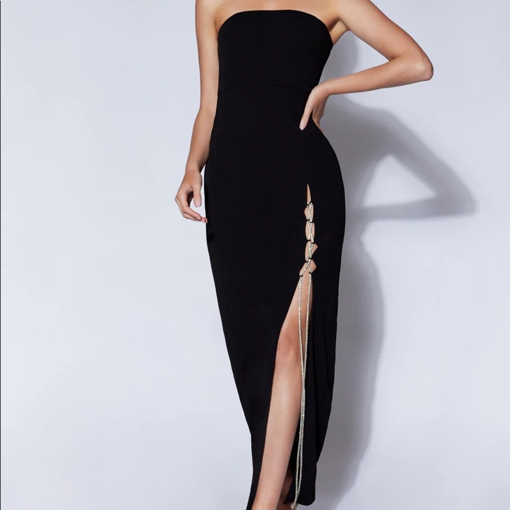 Imogen Diamante Rope Strapless Midi Dress With Split - Black